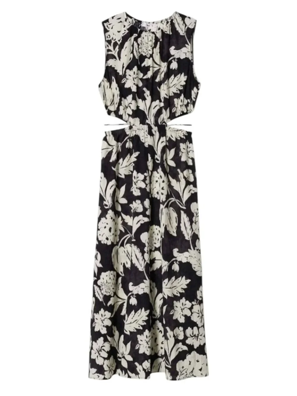 MNG Mango Willow Side Cut Out Maxi Dress Crinkle Floral Black Gray 4 - Picture 2 of 12